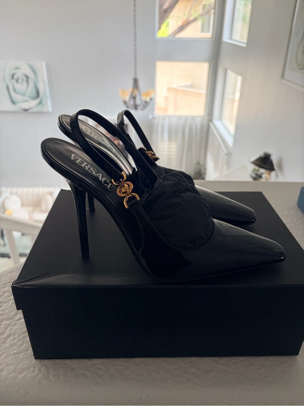 Versace Black Patent Leather Pointed Slingback Heels with Gold Medusa